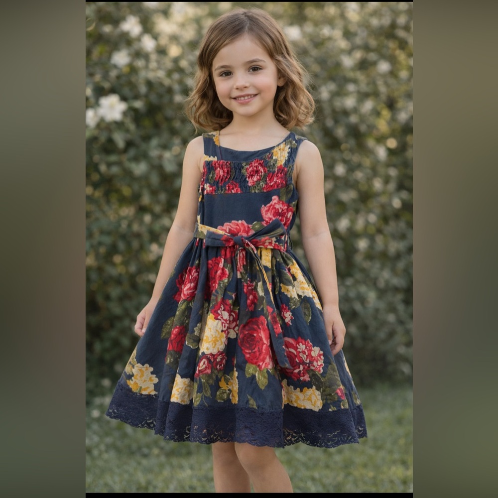 Um Mais Um Luxury Floral Blue Girls Party Dress 6 100% Cotton Brazilian Designer